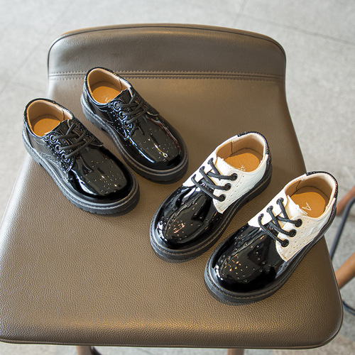 Spring and Autumn New Children's Black Small Leather Shoes Lace Up Fashionable British Style Boys' Performance Shoes Girls' Performance Shoes Soft Sole