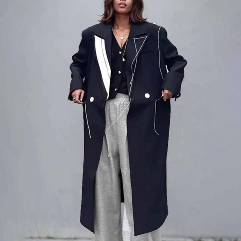 Fashionable Commuter Design Trench Coat for Women 2026 Early Spring New Color-Block Double-Breasted Long Blazer Women's Trendy Clothing