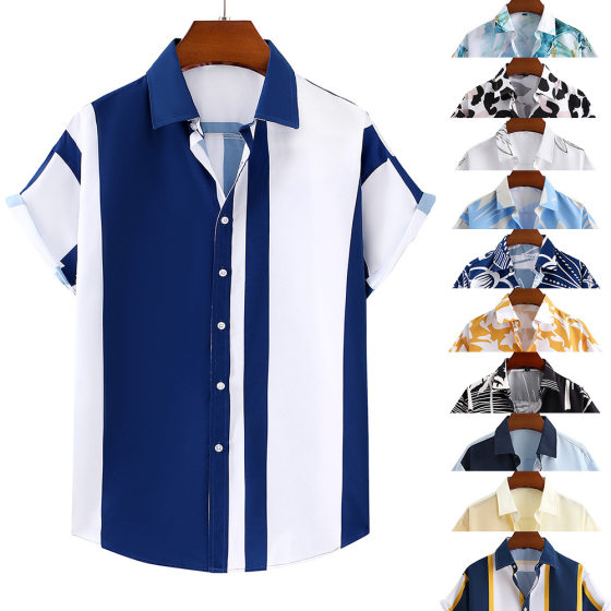 2023 cross-border European and American new men's loose 3D printed short-sleeved shirt plus size striped cardigan lapel shirt