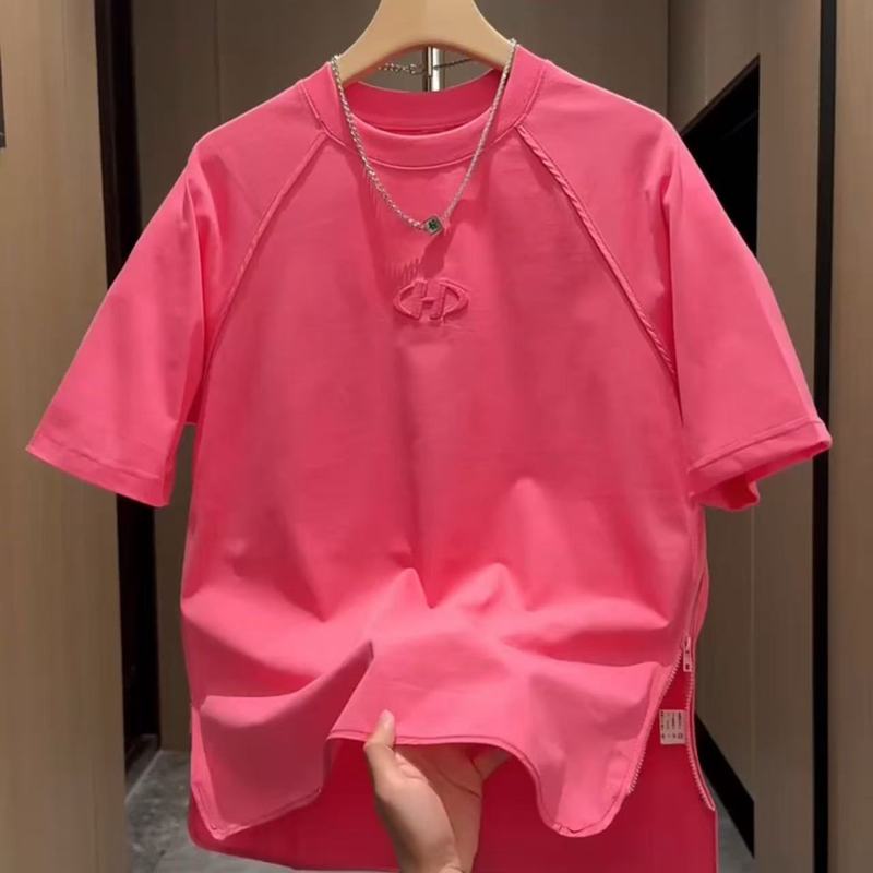 夏ジッパー刺繍ラウンドネック半袖 Tシャツメンズトレンディな多用途ソリッドカラートップカップルカジュアルインルーズ半袖|undefined
