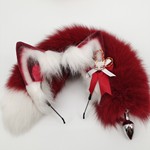 酒红色加白尖狐狸尾巴神禾兽耳套装情趣玩具肛塞尾巴成人用品批发