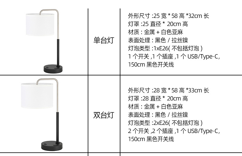 Comercio exterior estilo americano dormitorio cabezal de cama de hotel habitación de hotel lámpara de escritorio de metal USB tela de carga moderna iluminación simple