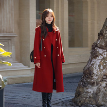 法式复古英伦气质红色毛呢大衣结婚设计感过膝长款双排扣呢子外套