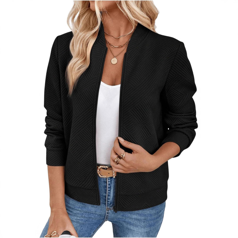 2025 Amazon Aliexpress Cross-Border European and American New Style Women's Zippered Textured Bomber Jacket Casual Coat