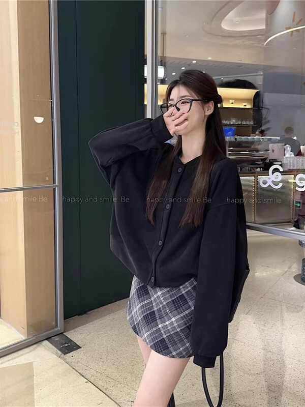 2025新款纯色长袖早秋卫衣短外套女秋款设计感宽松开衫休闲上衣|undefined