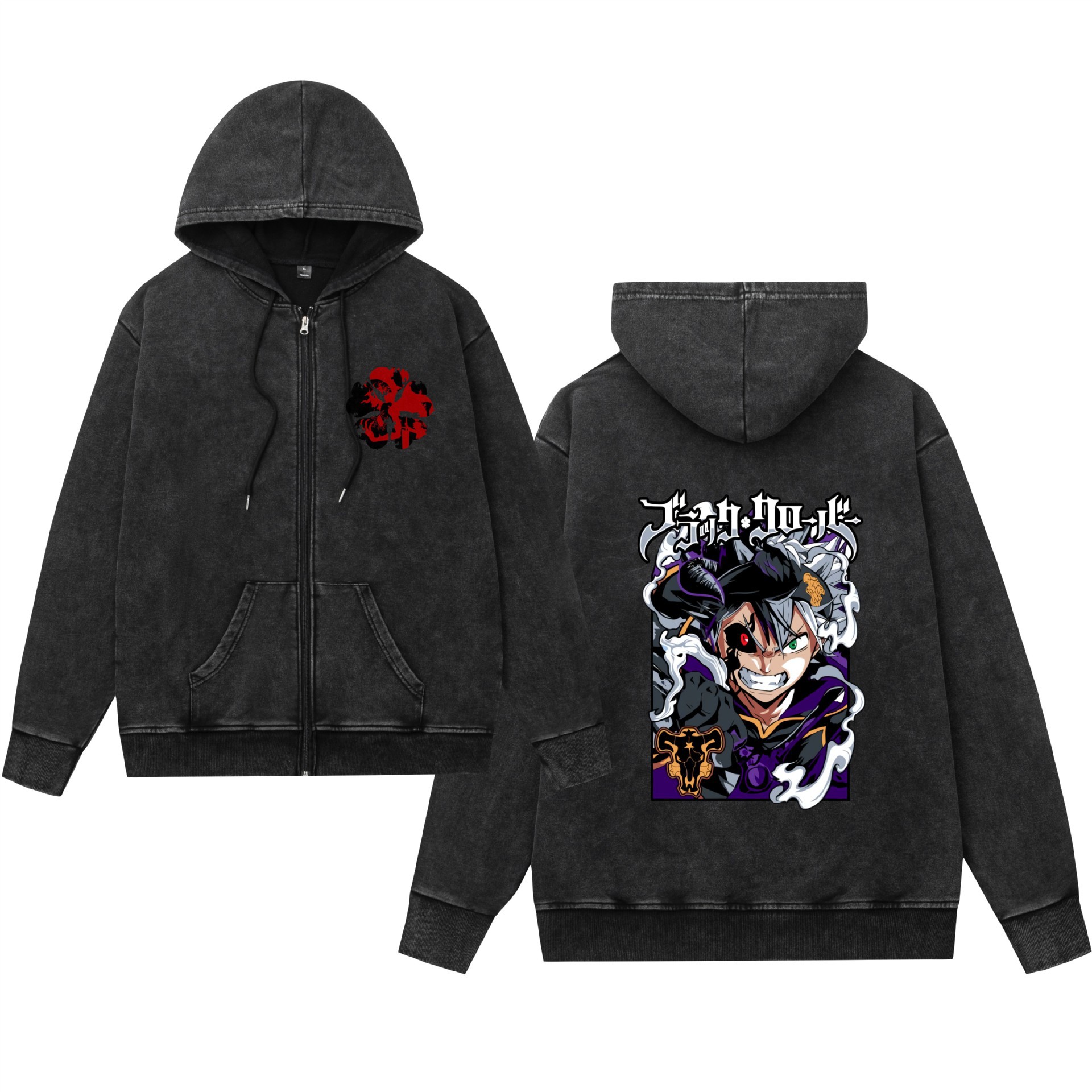 Comercio exterior lavado y desgastado suéter retro con capucha cremallera trébol de cuatro hojas negro estampado hombres y mujeres