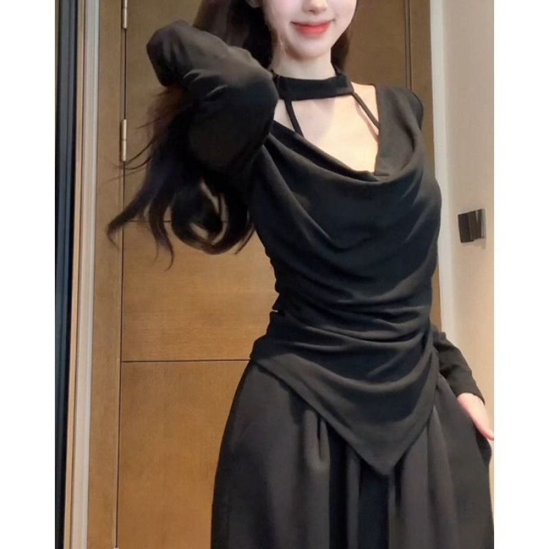 工厂批发【莫代尔人棉】纯欲风挂脖荡领长袖打底衫女秋冬不规则辣|undefined