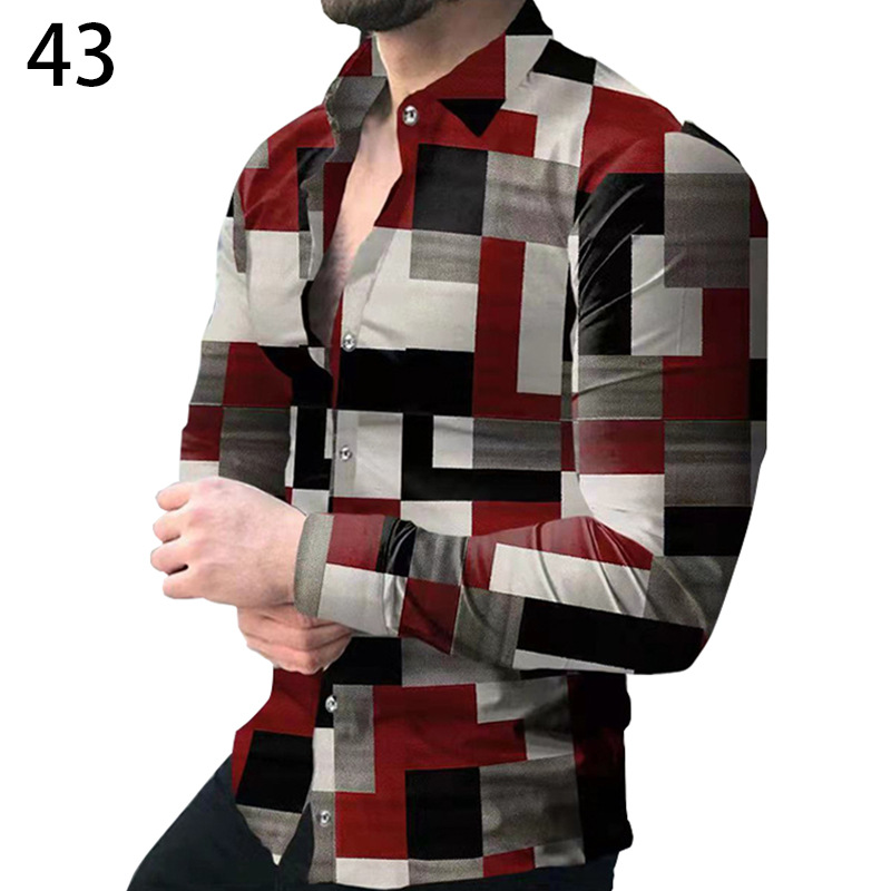 Comercio exterior 2023 primavera nuevos hombres gradiente de impresión digital solapa camisa de manga larga camisa casual de los hombres