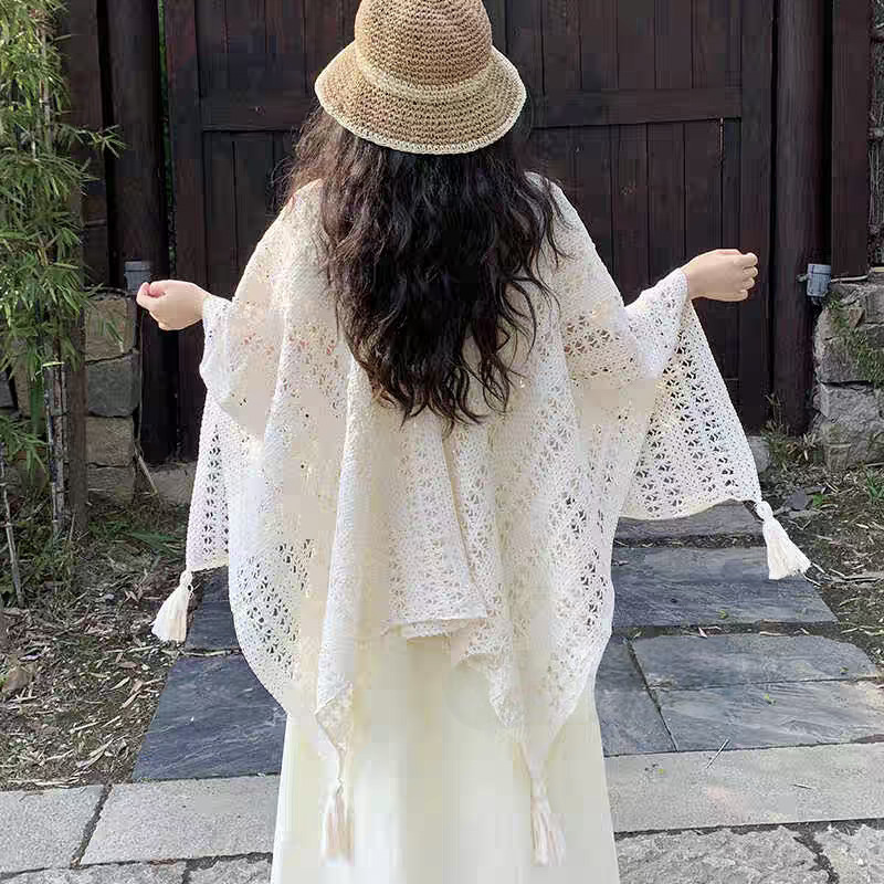Retro Holiday Cut Out Knitted Shawl Tassel Cardigan Women's Thin Cloak Spring & Fall Skirt Seaside Clothing for Men