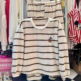 泡芙2025年秋冬上新加绒保暖米奇刺绣条纹珊瑚绒家居卫衣裤套装