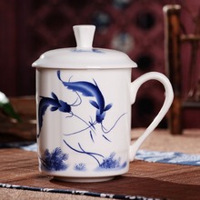 亚彩景德镇陶瓷茶杯带盖家用骨瓷杯喝茶杯青花瓷器办公杯子500ml