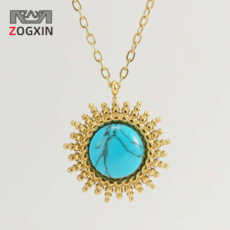 Nuovo ciondolo rotondo in acciaio inossidabile turchese blu per donna, semplice stile Ins, collana in acciaio al titanio_voghion.com