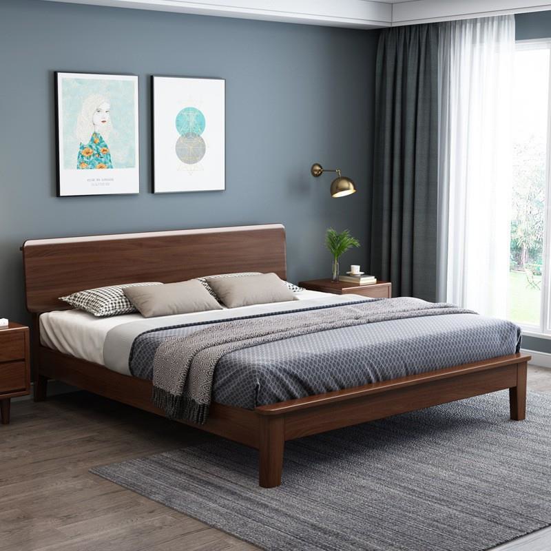 Nórdico de madera de caucho cama de madera maciza 1,5 m 1,8 m individual cama doble habitación de alquiler simple moderno B & B ventas directas de la fábrica