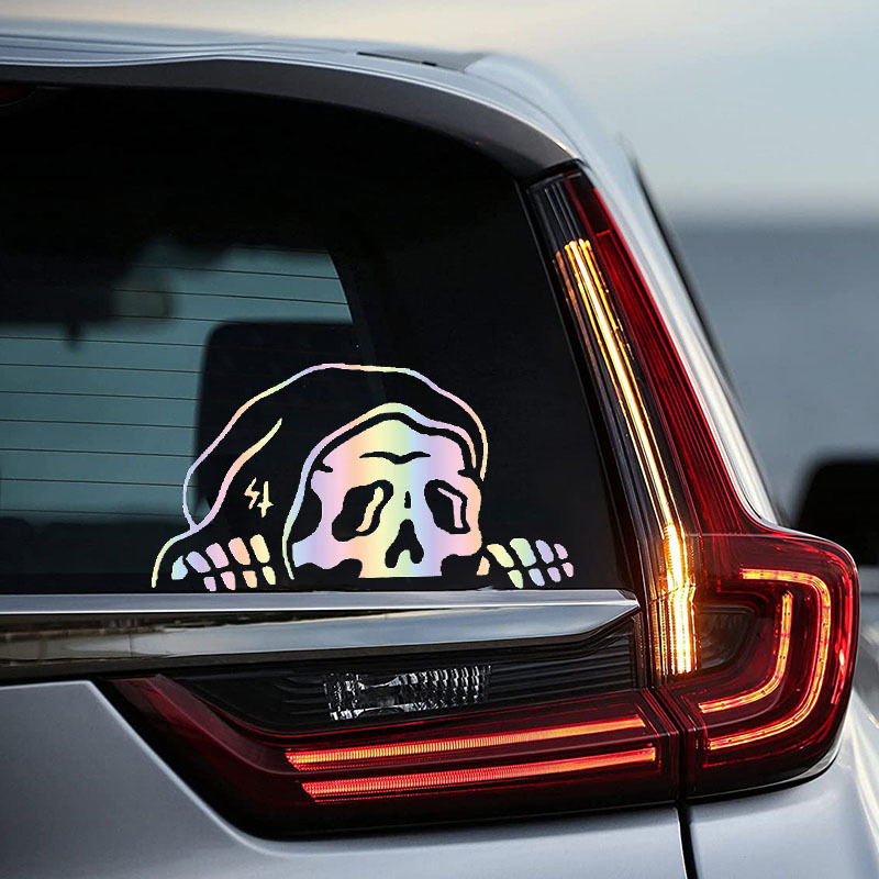 Skull peeking into the back glass window Halloween car stickers Decked with Ghost laser stickers_voghion.com