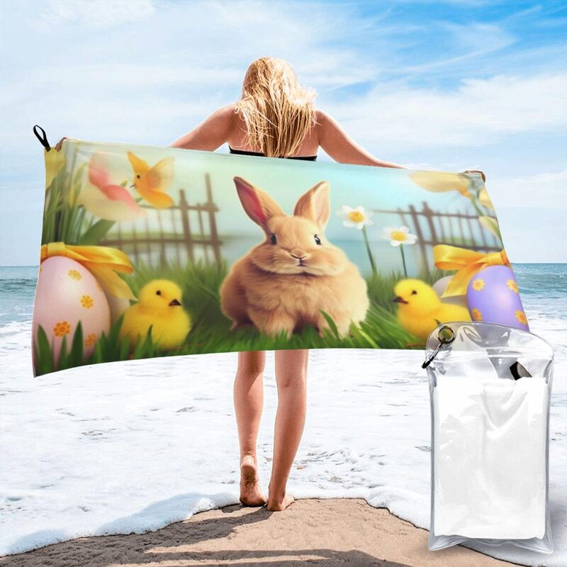 Microfiber Beach Towel, Soft, Quick-Drying, Absorbent Towel, Easter Bunny, Spring Butterfly, Lightweight Towel