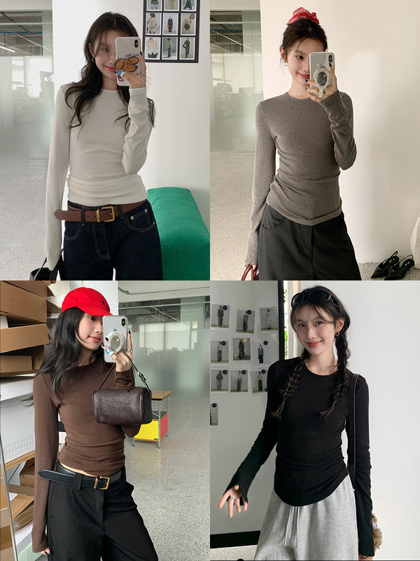 新款女装修身长袖T恤女显瘦辣妹掐腰百搭打底衫上衣潮东南亚跨境|undefined
