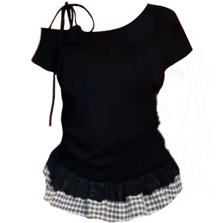 Plus Size Fat Girl Sweet and Spicy Style Bow Slanted Shoulder Short-Sleeved T-Shirt Women's Summer Lace Plaid Splicing Short Top Trendy Plus Size Fat Girl Sweet and Spicy Style Bow Slanted Shoulder Short-Sleeved T-Shirt Women's Summer Lace Plaid Splicing Short Top Trendy