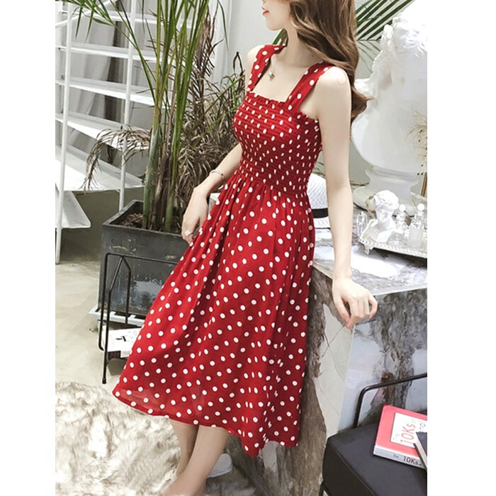 Summer Style Suspender Dress, Mid-Length Polka Dot Off-Shoulder Red Inner Dress, Slimming Suspender Dress for Women