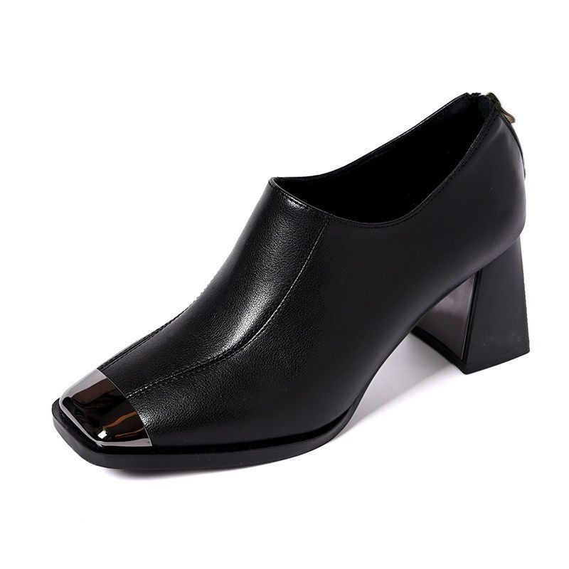 Zapatos de mujer cuadrados de cabeza profunda zapatos individuales de mujer tacones gruesos de piel suave zapatos de tacones altos de mujer no se cansan pies cruzados
