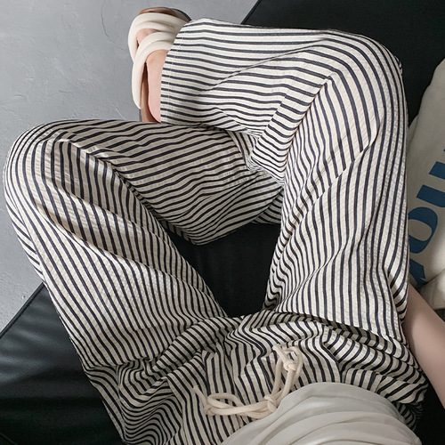 Striped wide-leg pants for women, summer Korean style, new casual pants for women and girls, lazy style, slimming, elastic waist, loose and drapey, floor-length
