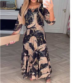 2025夏季新款亚马逊跨境欧美气质优雅七分袖印花收腰连衣裙女装