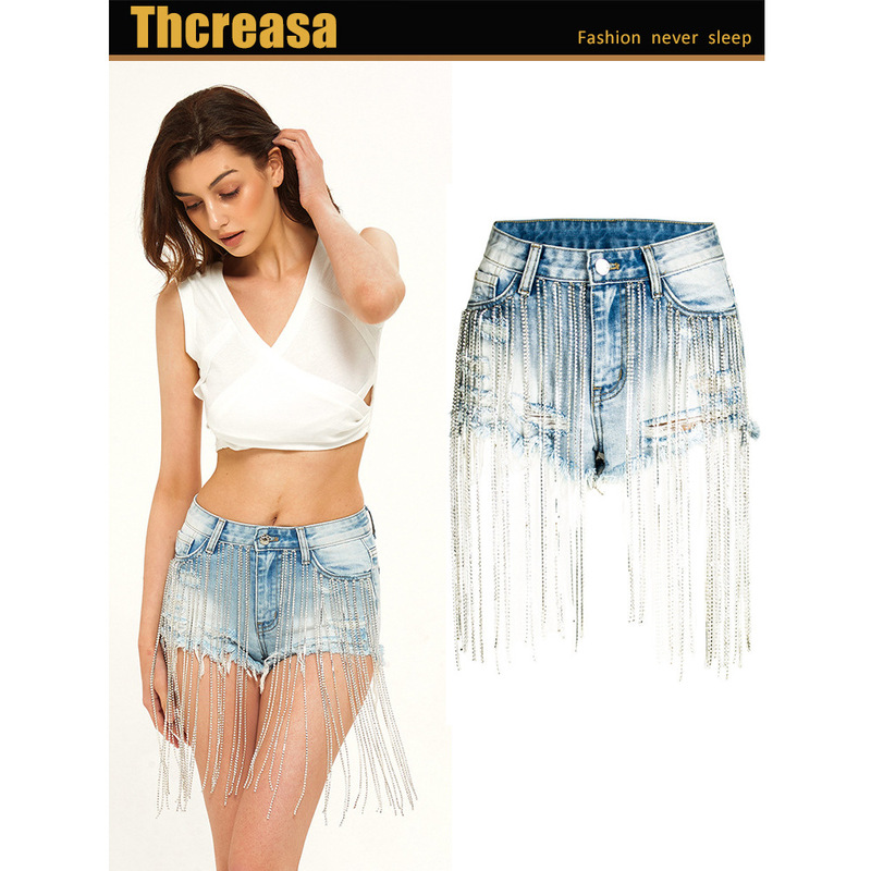 Bar Party Women's Clothing European and American Style Short Summer New Wide-Leg High-Waisted Long Tassel Rhinestone Chain Denim Shorts for Women