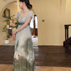 霧と苔グリーン油絵エンペラルドレスレトロ宮殿スタイルロングスカート夏のプリントドレス女性のフレンチドレス