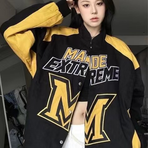 American retro Street High Street Heavy Industry Racing motocicleta chaqueta retro color matching letters hombres y mujeres de la moda nacional chaqueta suelta