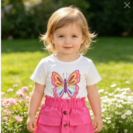 Baby Girl Summer Outfit Butterfly Cartoon Pattern Printed T-Shirt + Pink Pocket Skirt Cute Two-Piece Set for Girls