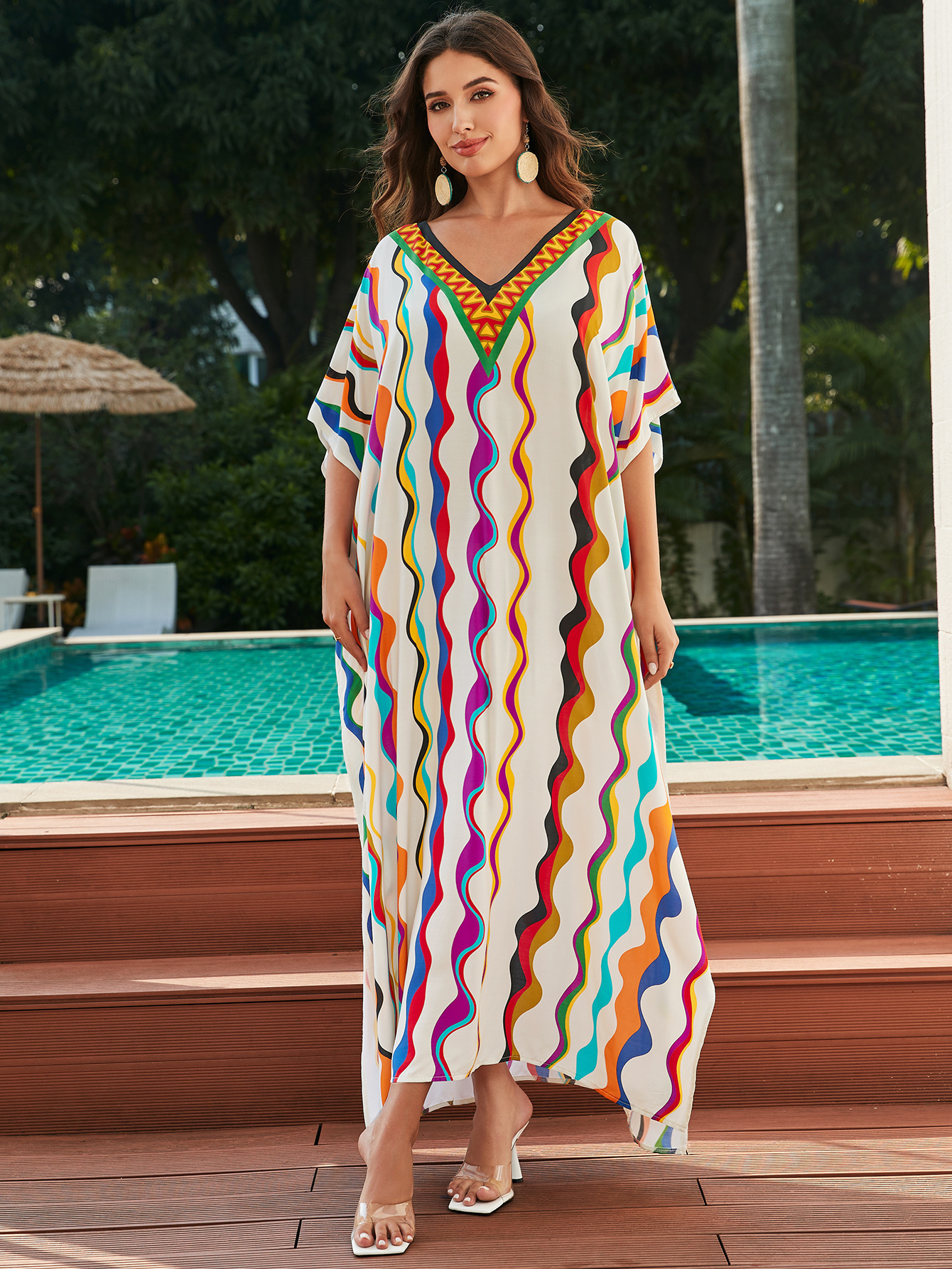 Rochie de plajă lungă kimono dama boho viscoză tie-dye_voghion.com