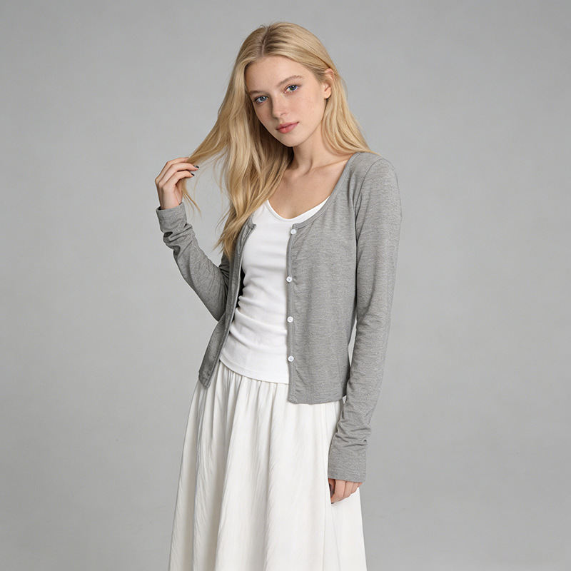 Simple and Versatile Gray Slim-Fit Slimming Cardigan Knit Long-Sleeve Jacket for Women, 2026 Spring Lazy Style Outerwear