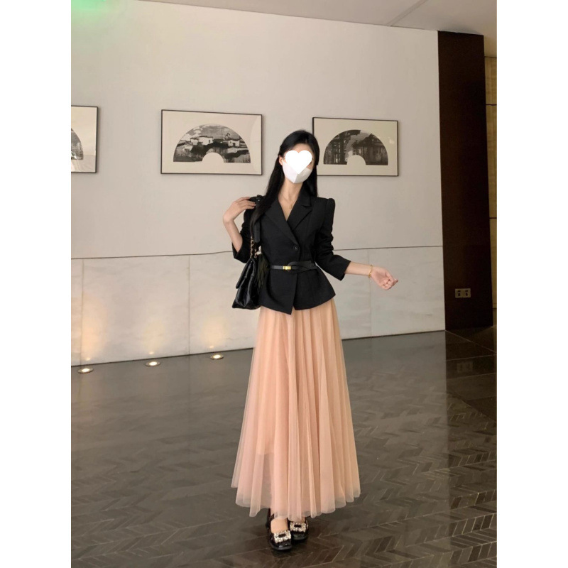 【店頭売れ筋】塩系軽熟お姉様気質女神風高級職場黒ジャケットとガーゼスカート2枚|undefined
