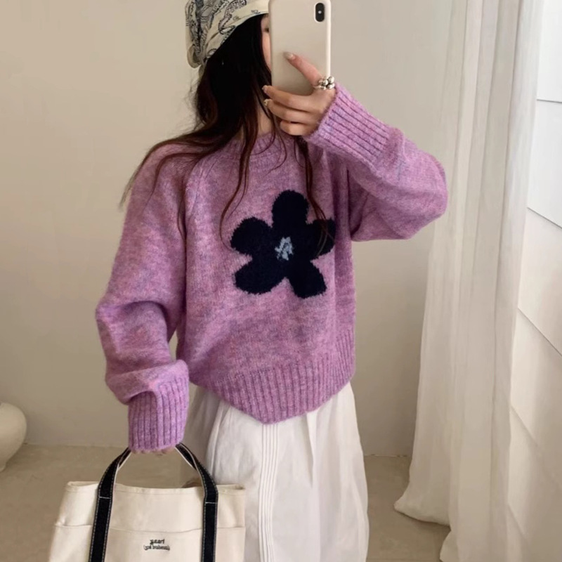 花朵毛衣套头女秋冬季新款韩系软糯宽松外穿短款百搭针织衫上衣|undefined