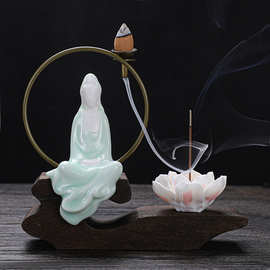 创意倒流香炉观音摆件陶瓷无相佛家用中式木头香薰炉室内香插香座