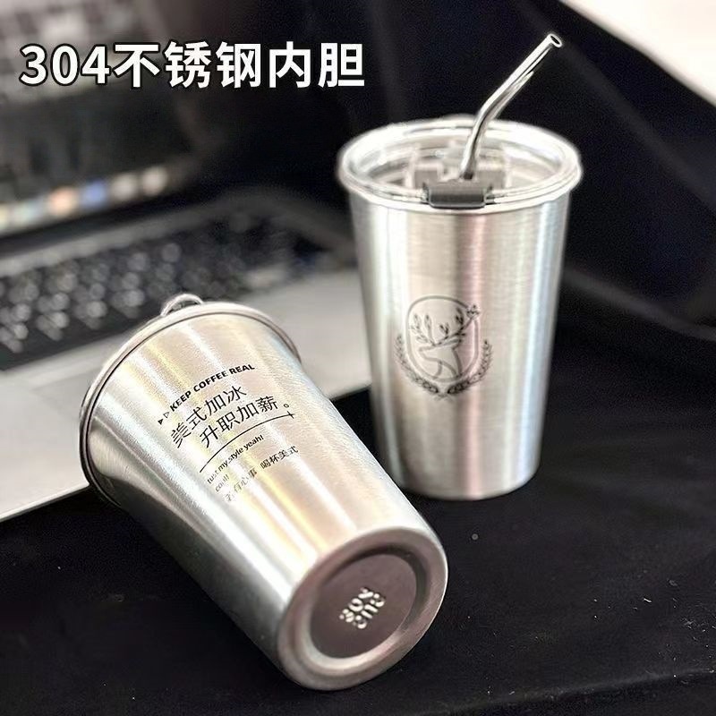 カップイン高品質厚みのあるステンレス鋼のコーヒーカップストローカップ家庭用飲料水学生女性落下防止インダストリアルスタイル|undefined