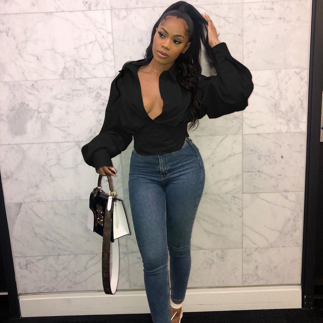 Women's Clothing Slim Fit Elegant Solid Color Lantern Sleeve Shirt Casual American Style Top For Spring/Autumn Summer_voghion.com