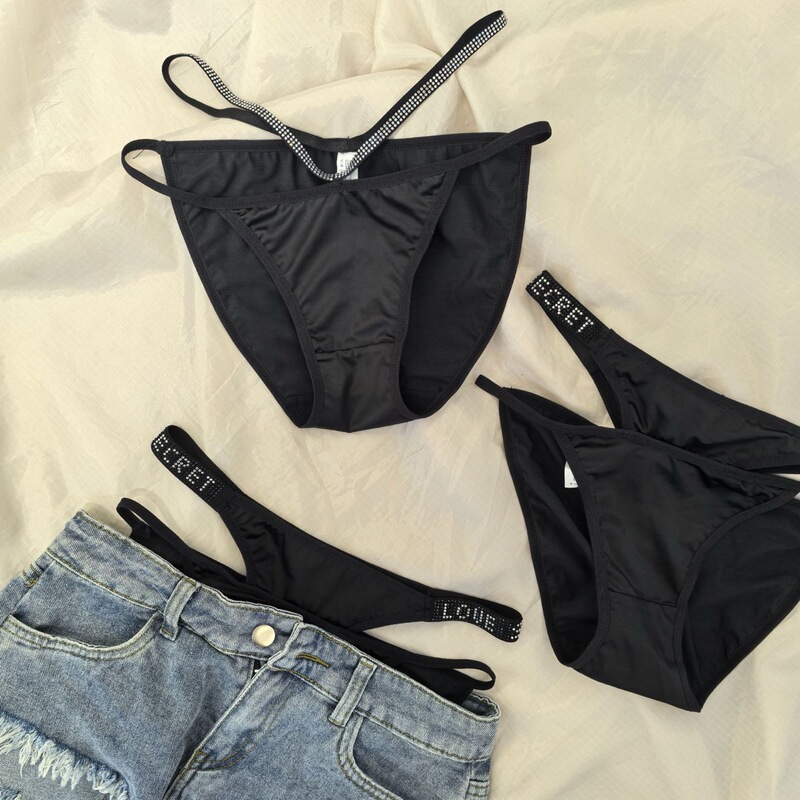 Xuan Juan Two Optional Nightclub Open-waist Glitter Rhinestone Letter Belt Ice Silk Panties Women's Satin Briefs
