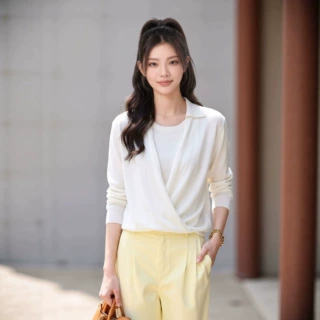 设计感假两件交叉羊毛针织衫女Polo领毛衣秋季新款百搭时尚上衣