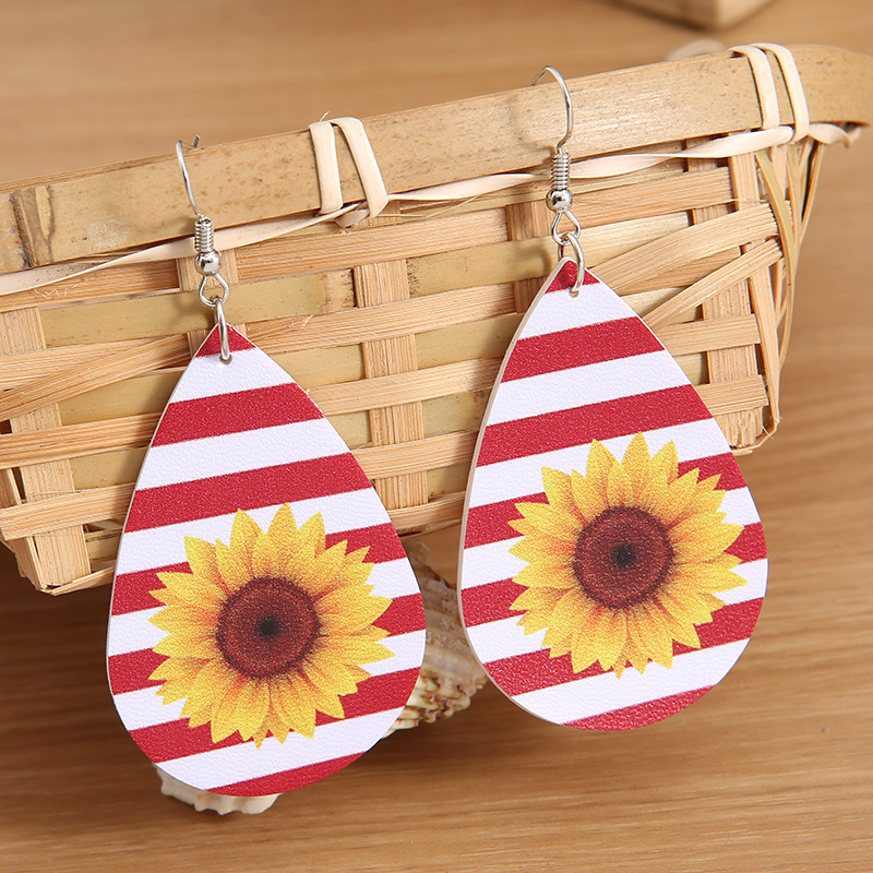 Drop-shaped Pu Leather Simple Striped Colors Sunflower Earrings display picture 3