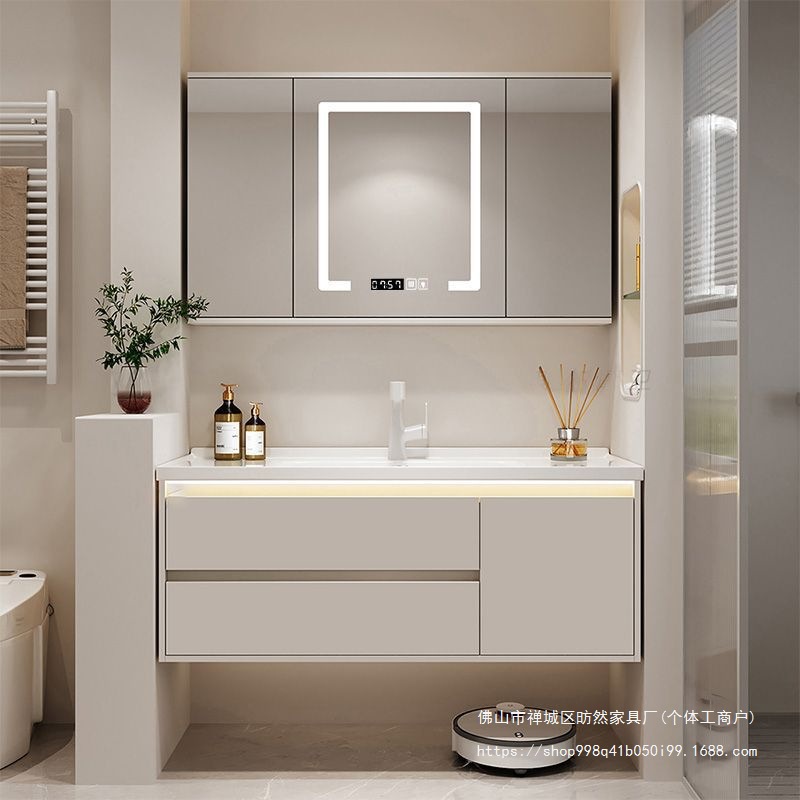 Feng Shui Mirror Bathroom Cabinet Combination Ceramic Integrated Washbasin Cream Style Push-Pull Folding Smart Hidden Factory Direct Sale