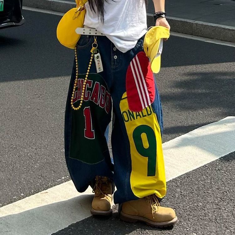 美式大码重磅设计感贴布印花牛仔裤子女辣妹潮流嘻哈阔腿拖地长裤|undefined