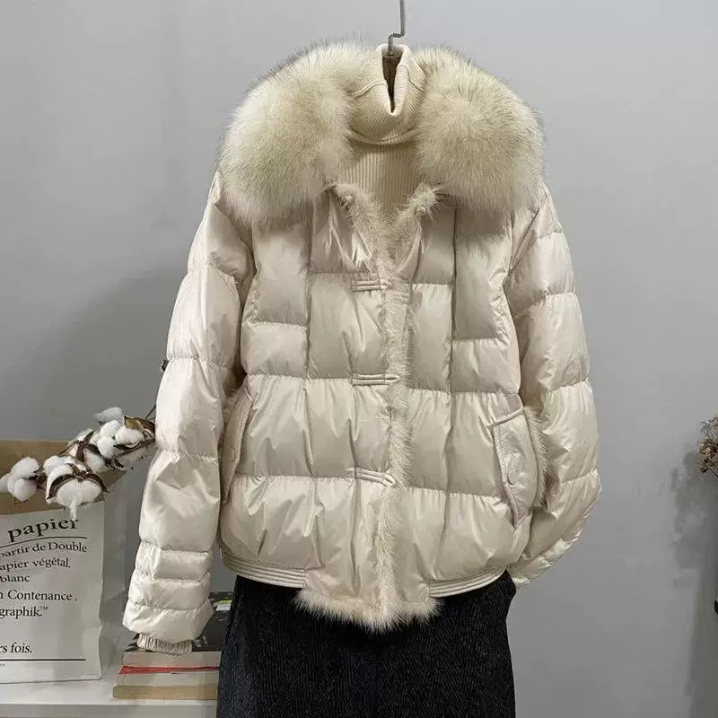 Retro down jacket, fur‑trimmed puffer, short fit, toggles, sizes M–XL