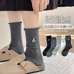 ins波点花边袜口卡通小狗袜潮流韩系堆堆袜舒适柔软亲肤中筒女袜
