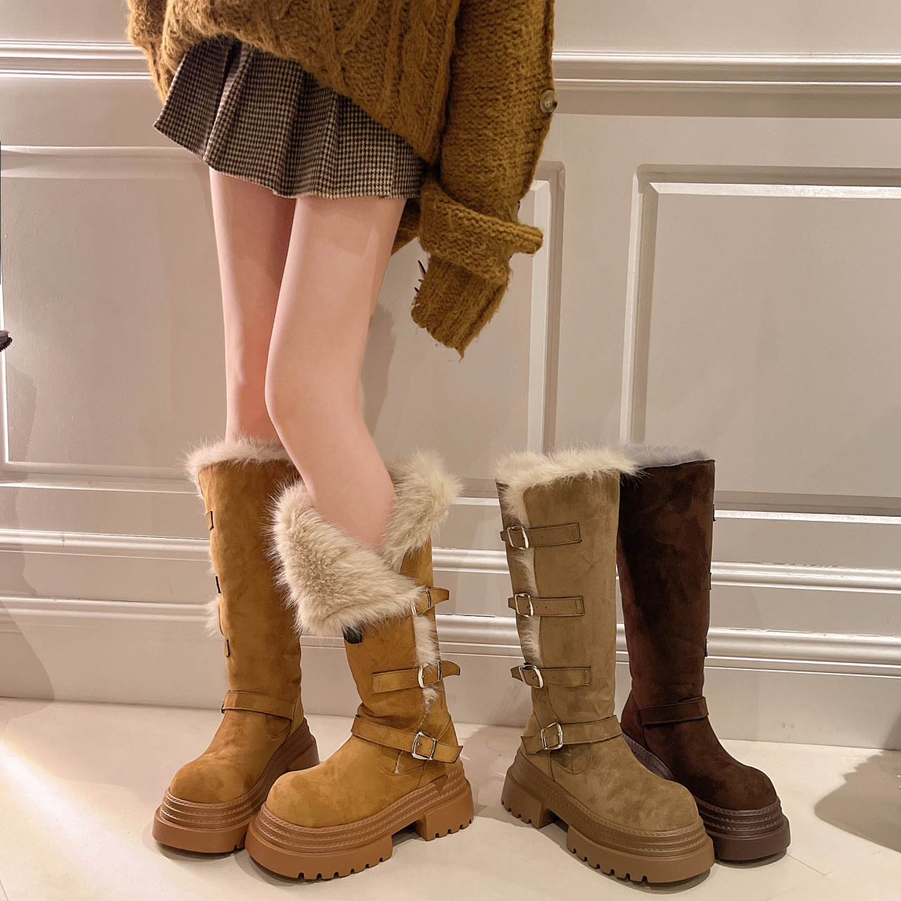 东北厚底美拉德两穿毛毛雪地靴女2025冬新款休闲显瘦不过膝长筒靴