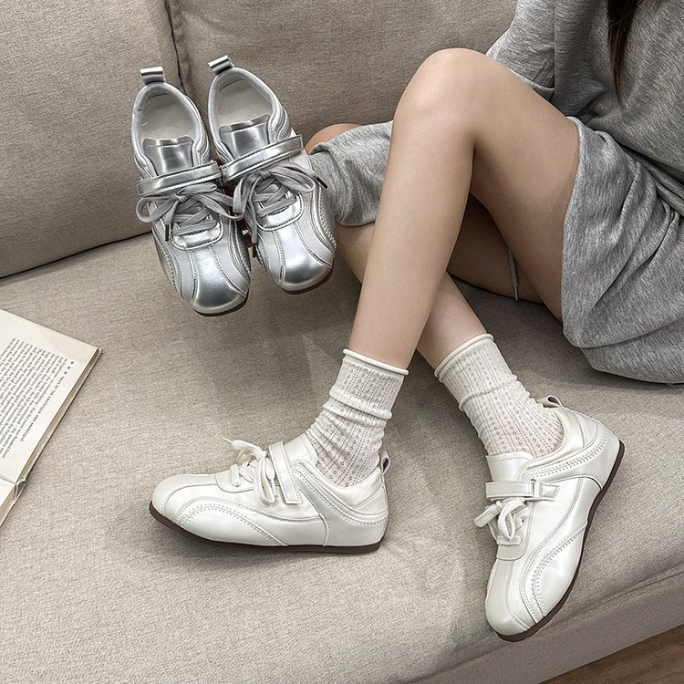 Sheepskin ~5Cm Height-Increasing Ballet Trainers for Women, New Spring/Summer Satin Velcro Racing Shoes, Sports Casual Shoes