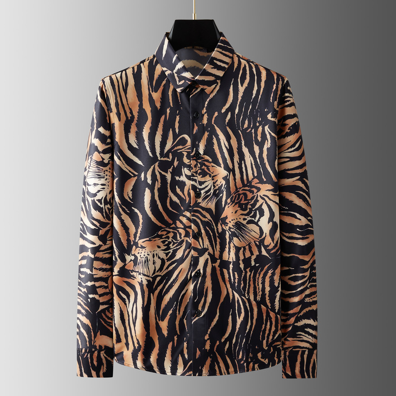 High-end European and American fashion brand new year of the Tiger Limited pair Tiger pattern men's long sleeve shirt non-ironing anti-wrinkle handsome men's clothing