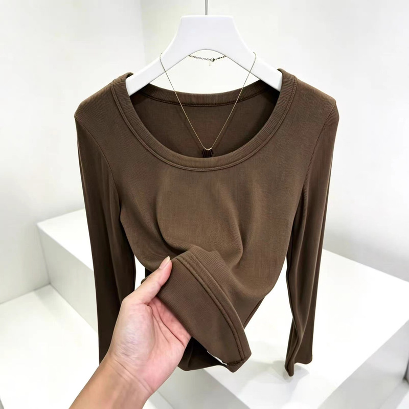 Ankela Red U-neck Ribbed Long Sleeve T-shirt for Women, Fashionable Versatile Solid Color Slimming Elastic Base Top Ankela Red U-neck Ribbed Long Sleeve T-shirt for Women, Fashionable Versatile Solid Color Slimming Elastic Base Top