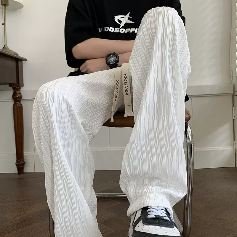 纹理潮牌宽松直筒阔腿裤新款男士白色休闲长裤垂感冰丝裤子男夏季