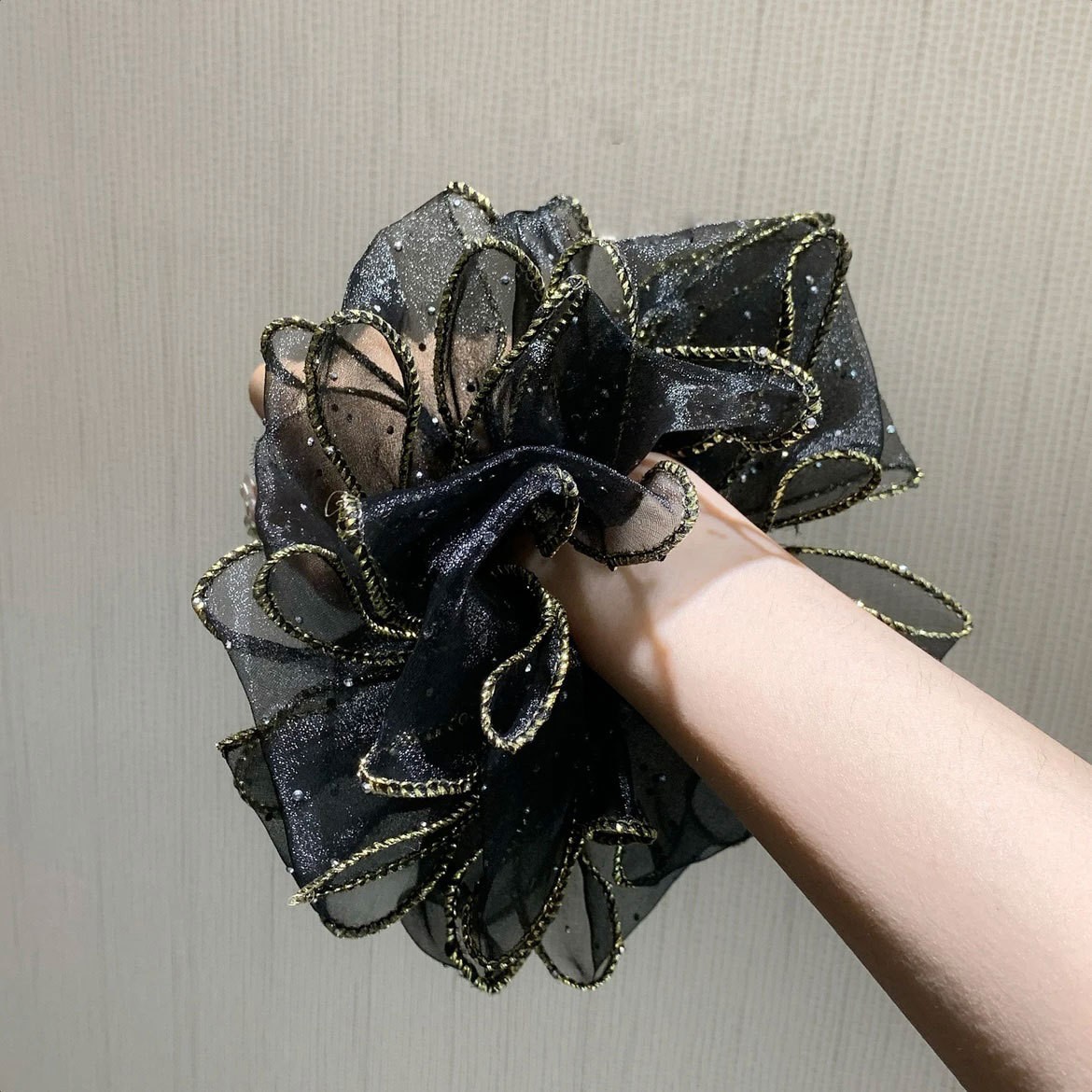 Black High-end Mesh Hair Tie With Rhinestones, High Elasticity And Durable Rubber Band For Bun Or Ponytail Styling_voghion.com