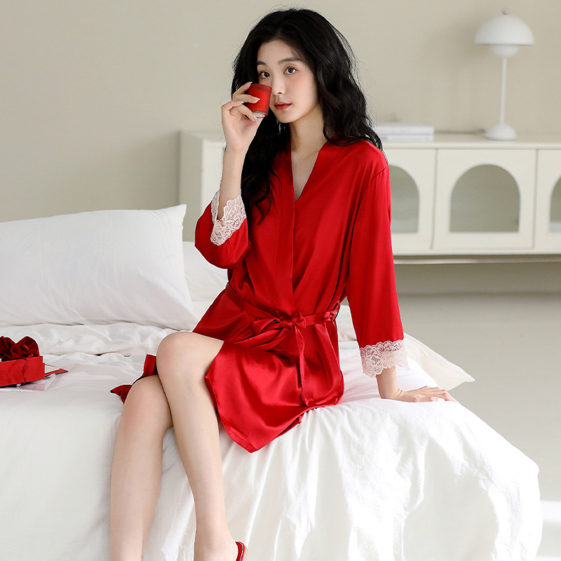 Sexy Pajamas for Women, Summer High-End Style, Spring and Autumn Red Zodiac Year Loungewear, Bridal Robe Two-Piece Set, Bridesmaid